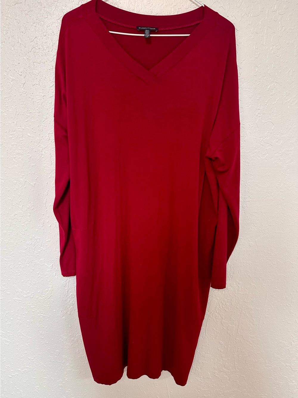 Eileen Fisher Red Stretch Jersey V-Neck Long Sleeve Shift Dress L